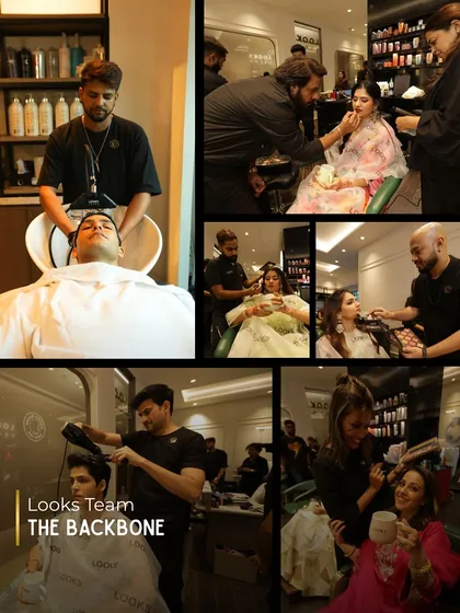 Meet the backbone of my salon, the team of expert stylists and artists who bring your wedding looks to life. This collage shows us in action, providing everything from hair washes and styling for the groom to intricate makeup for the bride.