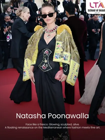 Natasha Poonawalla's look at Cannes was like a floating renaissance, where fashion meets fine art. We encourage our students to study such sculpted, glowing looks to understand beauty on a global stage.