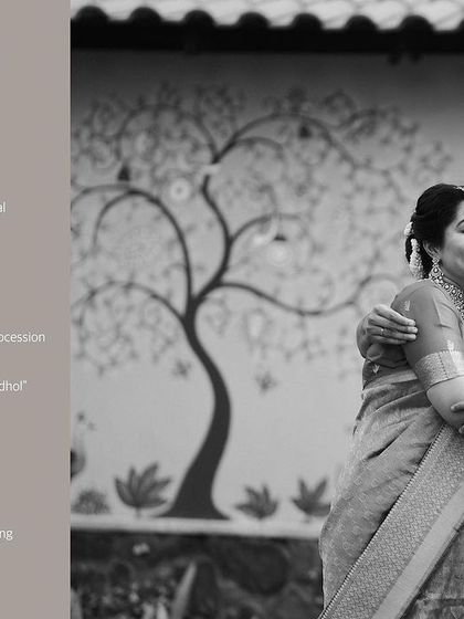 A beautiful black and white portrait of Aarati and Ranjan, encapsulating their "Two States" wedding story. The accompanying text details the blend of Tamil and Gujarati traditions, a narrative I love to tell.