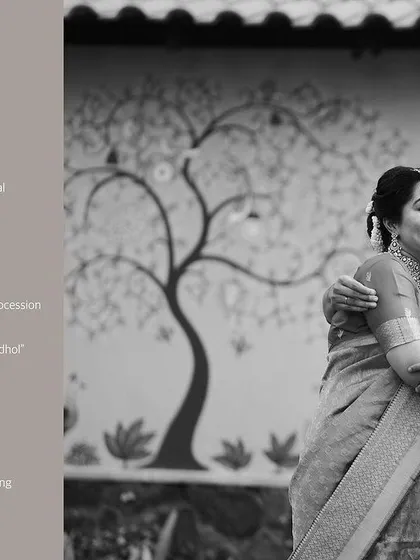 A beautiful black and white portrait of Aarati and Ranjan, encapsulating their "Two States" wedding story. The accompanying text details the blend of Tamil and Gujarati traditions, a narrative I love to tell.