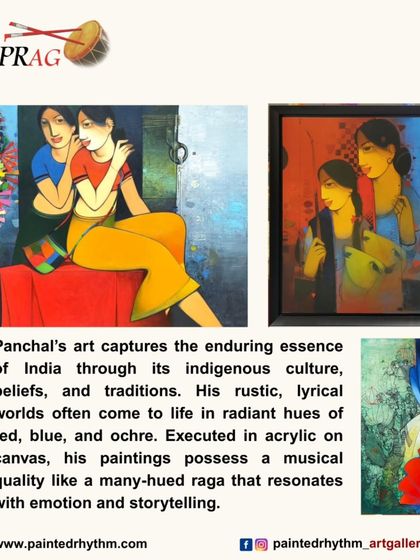 A collection of works by Anand Panchal, showcasing his unique style that blends rustic, lyrical figures with symbolic and mythological elements.