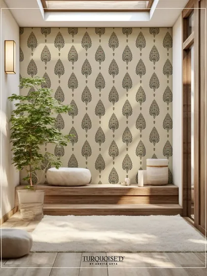 The Malkha Boota wallpaper, featuring a repeating leaf-like Kalamkari motif, creates a serene and meditative atmosphere in this sunlit space. The pattern adds a touch of heritage without overwhelming the room.