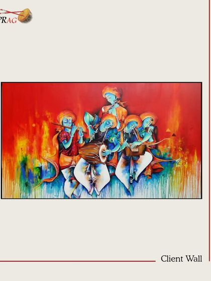 A vibrant painting depicting a divine musical performance, curated for a client's wall to add color and spiritual energy.