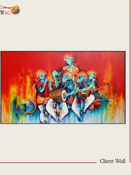 A vibrant painting depicting a divine musical performance, curated for a client's wall to add color and spiritual energy.
