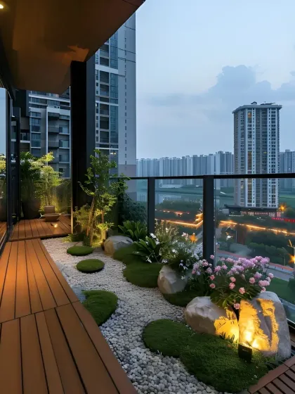 A zen-inspired balcony garden with wooden decking, white pebbles, and carefully placed rocks and plants. The low-level lighting creates a tranquil and meditative atmosphere with a beautiful city view.