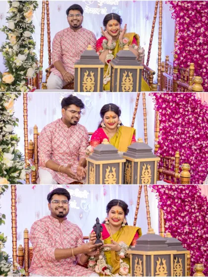 A collage showing the couple participating in baby shower games and rituals. These candid shots capture their playful interactions and the fun-filled moments of the celebration, from opening gifts to sharing laughs on the jhula.