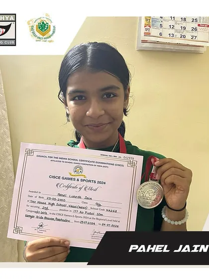 Pahel Jain with her silver medal for the 10m Air Pistol U-17 Girls event at the CISCE regionals. Her success highlights the strength of our pistol training program for young women.