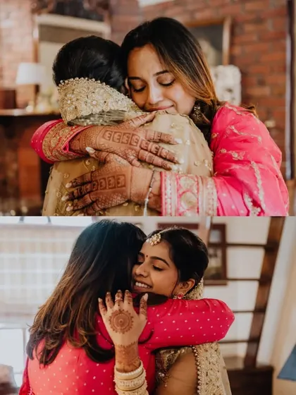 A collage of warm hugs and happy tears between the bride and her loved ones.