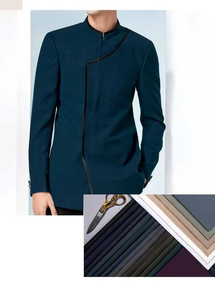 The latest additions to our fabric collection. This image showcases a modern asymmetrical jacket alongside the premium textiles and tools we use to bring our designs to life.