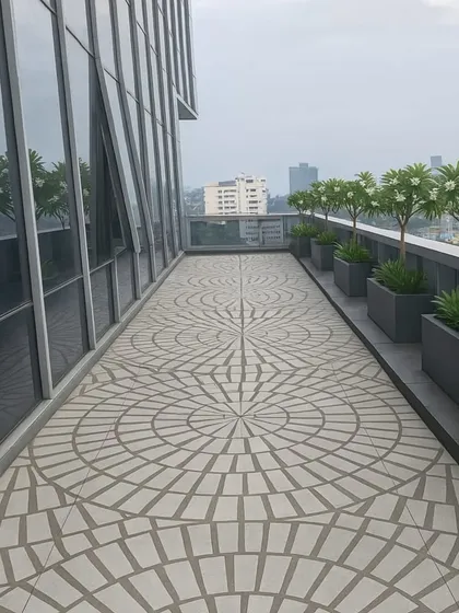 A rooftop terrace transformed with our exclusive designer tiles. The circular geometric pattern creates a stunning visual anchor for the entire outdoor area, proving that flooring is a canvas. This surface is durable, weatherproof, and designed for high-end outdoor living.