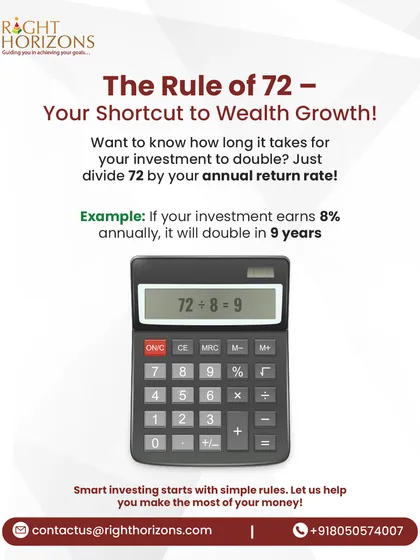 An infographic explaining the "Rule of 72," a simple shortcut to estimate how long it takes for an investment to double. We provide an example showing that an investment earning 8% annually will double in 9 years.