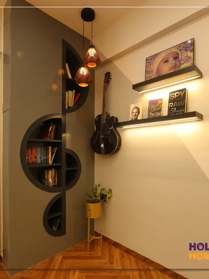 Another view of the music-themed bookshelf, showing how it perfectly frames the corner of the room and provides a creative way to organize books and decor.