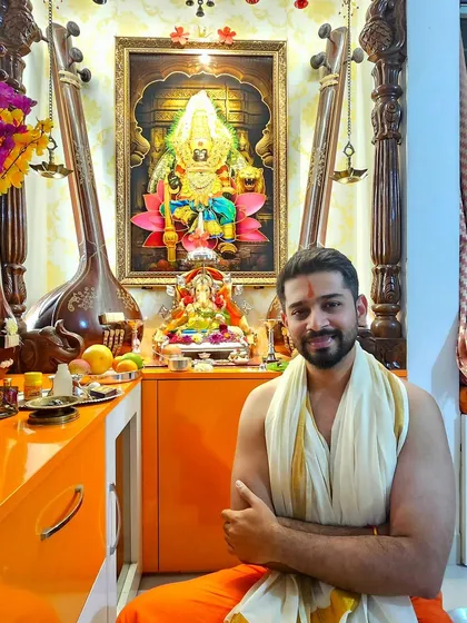 At my home during Ganesh Chaturthi, with my tabla and tanpuras beside the deity. Music and devotion are deeply intertwined in our family.