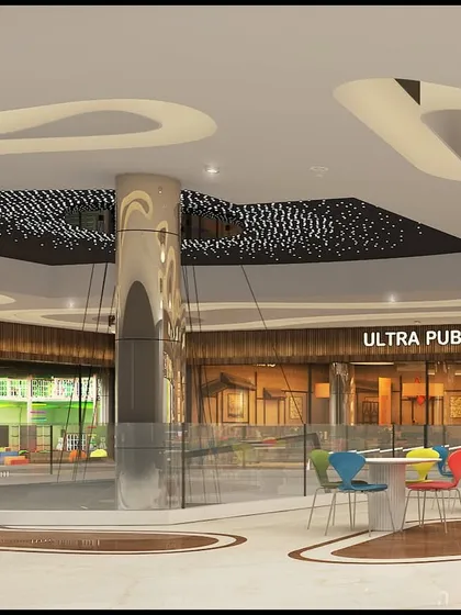 A view of the food court and game zone at LP Walk Mall. The design uses playful colors, varied seating, and interesting ceiling details to create a lively and engaging space for families and shoppers.