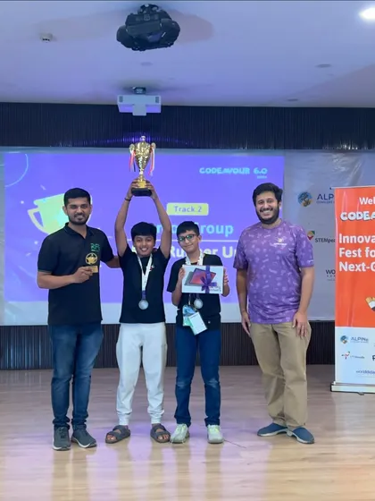 Team Logic Loopers celebrating their 1st runner-up trophy in the junior category at the Codeavour Nationals. Their consistent performance earned them a spot at the internationals.