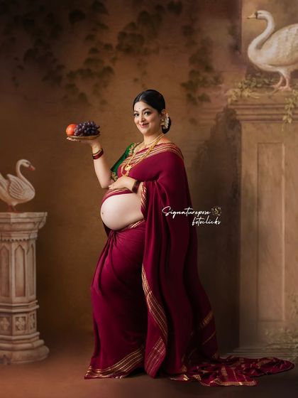 The composition here is reminiscent of a classical painting, with pillars, swans, and the beautifully draped saree.