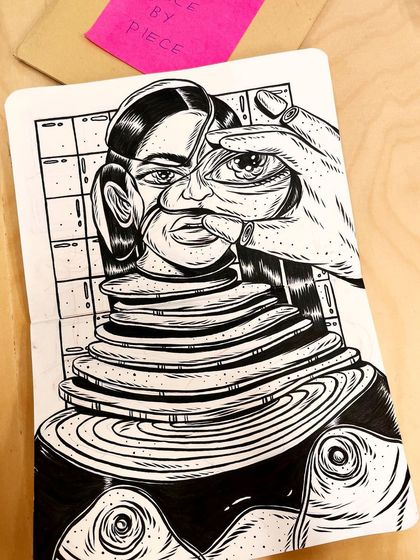 An ink drawing exploring themes of deconstruction and self-revelation, titled 'Piece by Piece.'