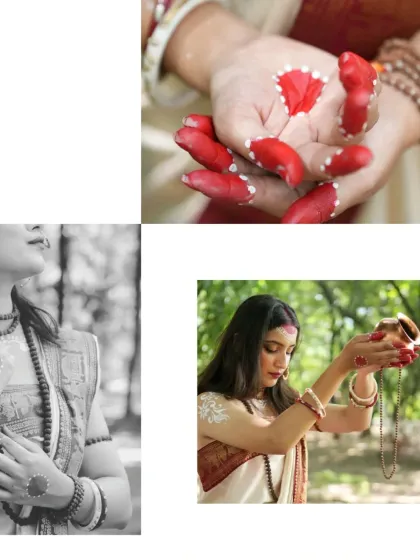 A collage showing the details of devotion, from the red alta-painted hands to a serene black and white profile, capturing the different facets of the Parvati-inspired shoot.