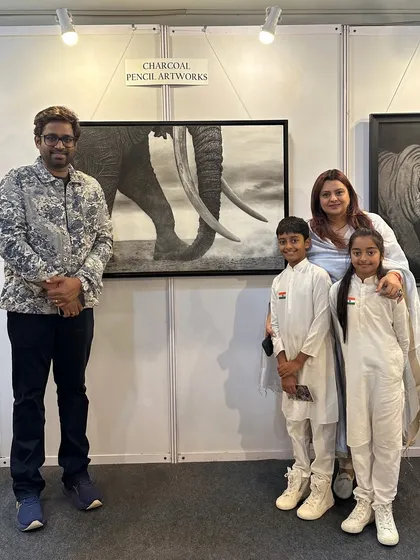 I was grateful for the visit from Deepshikha Deshmukh ma'am and her family. Here we are posing with my elephant artwork 'Endurance'.