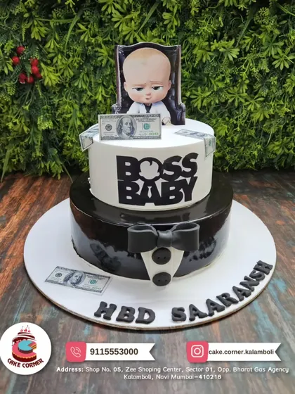 Who's the boss? This two-tier Boss Baby cake is perfect for the little leader in your family. The black and white tuxedo design is sharp and fun.