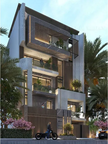 A design for a 256 sq. yard plot in Rajouri Garden, featuring rounded concrete forms and dark marble accents. The use of jali screens adds a layer of intricate detail to the modern structure.