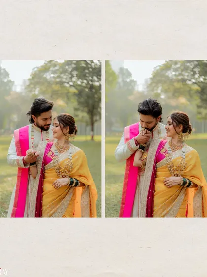A diptych showing two intimate moments: the couple holding hands and the groom gently kissing his bride's hand. These shots focus on the small gestures that tell a big story of love and respect.