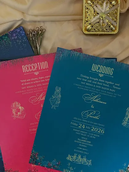 A vibrant set of inserts in royal blue and hot pink, using gold foil script to create a bold and celebratory look.