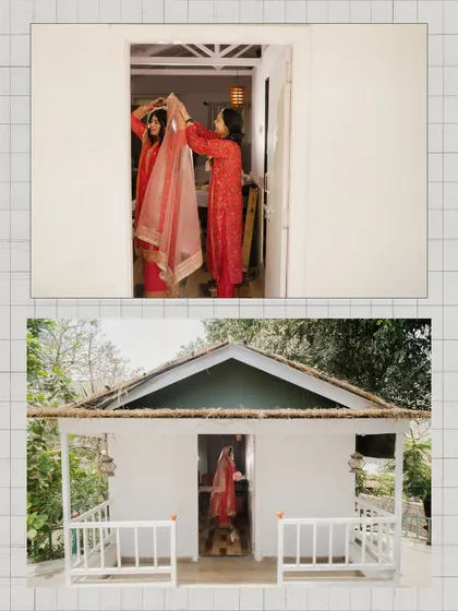 A story in two frames: a mother helps her daughter with the dupatta, followed by a wide shot of the bride ready in her cottage. This shows the blend of intimate family moments and the overall wedding setting.