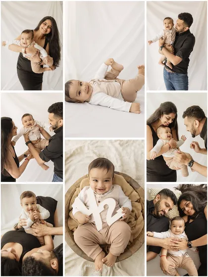 A collage from a 6-month milestone session, showing the baby alone, with parents, and in various playful poses.
