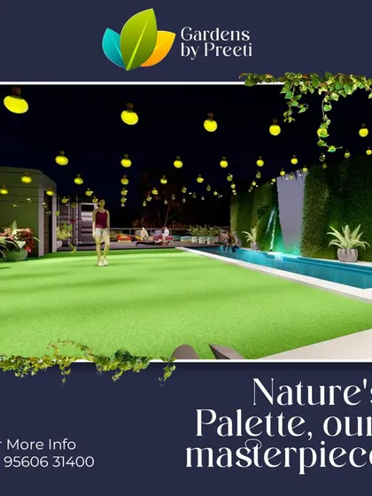 "Nature's Palette, our masterpiece." A render of a large lawn area with a pool and ambient night lighting, showcasing our ability to create stunning evening landscapes.