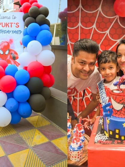 A collage showing the custom welcome banner and the happy birthday boy with his family and his amazing Spiderman cake.