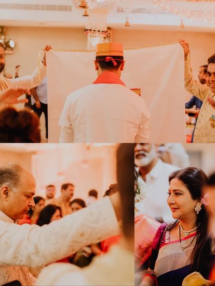 A collage capturing the candid moments of a Maharashtrian wedding, from the groom's entrance to the family's involvement in the rituals.