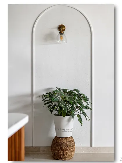 A minimalist detail of an arched wall molding with a simple brass and glass sconce. A potted plant in a wicker basket adds a touch of natural texture, creating a clean and serene corner.