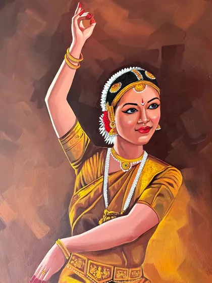 A detailed portrait of a Bharatanatyam dancer, captured mid-pose. I focused on the expressive face and the intricate details of the traditional costume and jewelry to convey the grace and emotion of this classical Indian dance form.