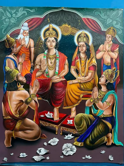 This large Ram Darbar painting was a special commission. It shows Lord Ram, Sita, Lakshman, and Hanuman together. Creating such a detailed scene with so many figures is a challenge I truly enjoy. Jai Shree Ram. 🙏