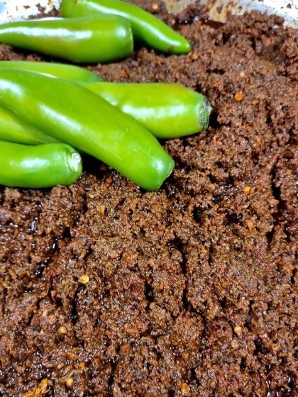 The heart of my Bharwa Mirch pickle is this rich masala. I use a blend of traditional spices which I roast and grind myself to get that perfect aroma and taste.