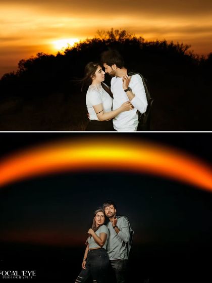 A collage showing the transition from a golden hour sunset to a creative night shot. The bottom photo uses a light prism effect to create a unique and colorful arc over the couple.