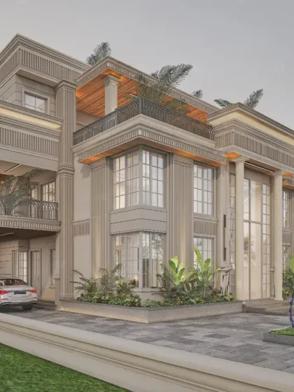 This Sec-14 villa facade renovation embraces geometric simplicity while paying homage to its classical roots. The tall, intricately detailed Roman-style columns stand gracefully against a refined, contemporary backdrop, opening up the structure to stunning views.