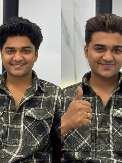 The same client, now giving a thumbs up. The caramel brown highlights and fresh cut gave him a boost of confidence.