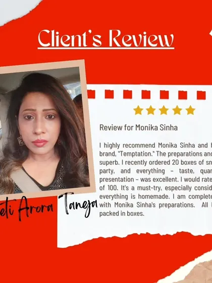 "A must-try, especially considering that everything is homemade." This review from a happy client praises the superb preparations and taste, rating my service 100 out of 100.