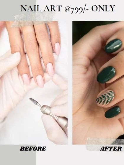 From a simple nude base to a chic dark green set with a delicate leaf accent nail. A perfect example of an elegant and stylish upgrade.