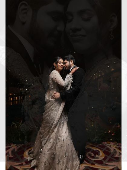 An artistic double exposure portrait from Rajat and Pradhi's engagement. I layered a close-up, intimate shot over a full-length one to create a dreamy and romantic effect.