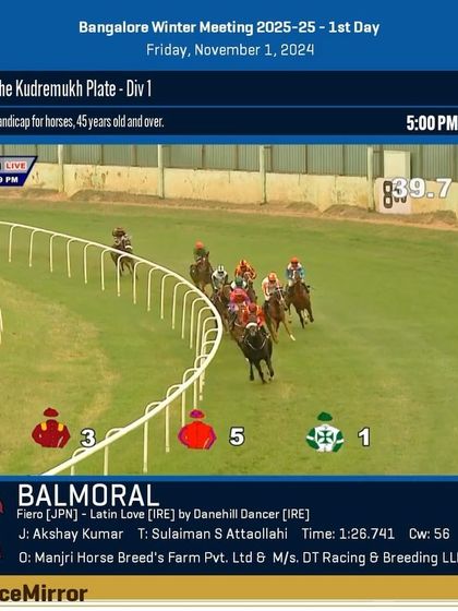 Race 8 results from November 1, 2024: Balmoral wins The Kudremukh Plate.