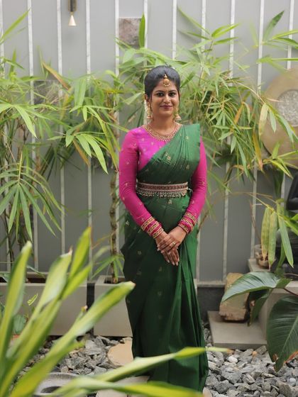 Dr. Meghana looking absolutely graceful and ready for her pre-wedding ceremony.