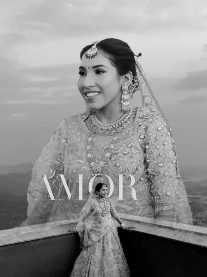 A creative black and white bridal portrait with a double exposure effect, conveying a sense of grace and beauty.