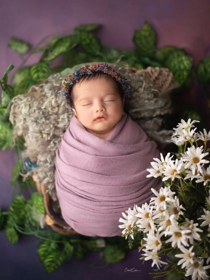 A lovely combination of purple and white. This baby is nestled in a basket with greenery and a bouquet of fresh daisies, creating a beautiful contrast.