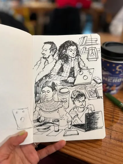 People-spotting at a local cafe is one of my favourite things to do. This sketchbook page is filled with quick ink drawings of people working and relaxing at Cafe Nero.