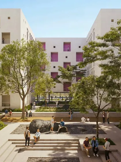A render of the student hostels at Warangal University, designed as a vibrant community space. We envisioned the central courtyard as the heart of the hostel, a place for interaction, study, and relaxation, blending landscaping with social seating to create a dynamic environment for 4,300 students.