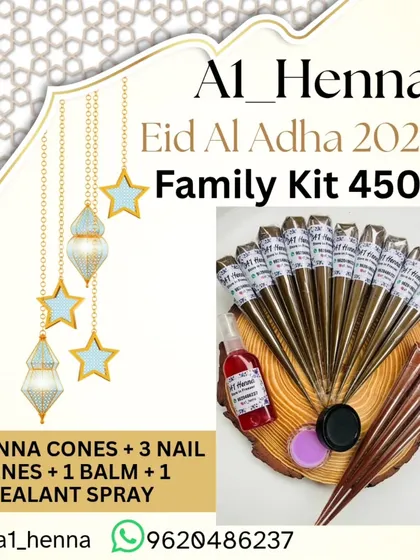 Get everything you need for the whole family with my curated Family Kit. This popular set includes 10 organic henna cones, 3 nail cones for that perfect finishing touch, and my essential aftercare balm and sealant spray to make your designs last.