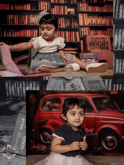 This collage showcases two popular themes. The top features a bookworm theme with a library backdrop, while the bottom shows a vintage vibe with a classic red car prop.
